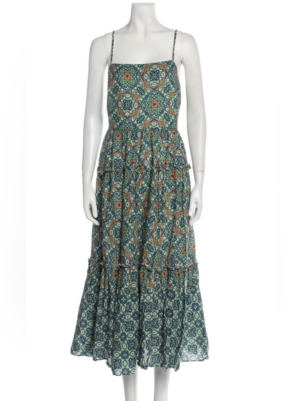 Cara Cara Green Patterned Tiered Maxi Dress with Spaghetti Straps